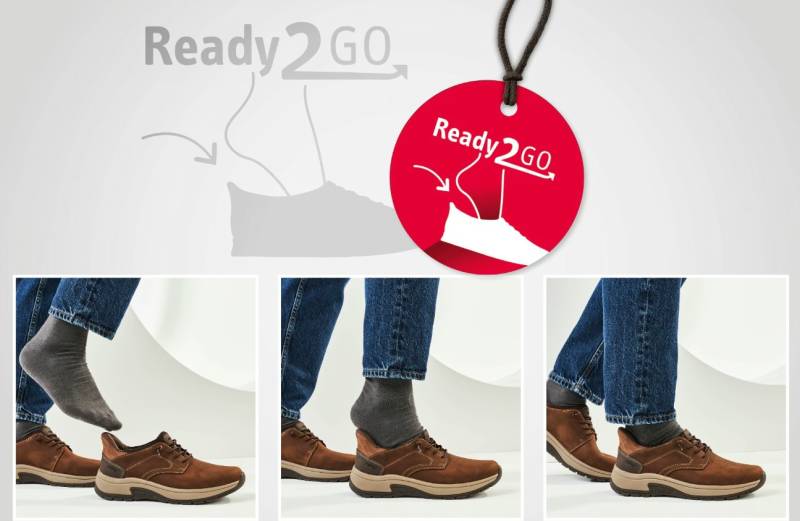 enfiler ses chaussures sans les mains, pour homme et femme de chez Rieker